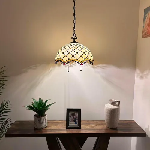 Miniatura 2 de Tiffany - Lámpara colgante con enchufe de cristal beige, bombillas LED incluidas para comedor, sala de estar, 16 pulgadas de ancho x 16 pulgadas
