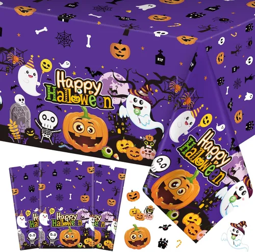 3 manteles de Halloween – Mantel de plástico con diseño de calabaza y fantasma, desechable, rectangular, color morado, para decoración de mesas de