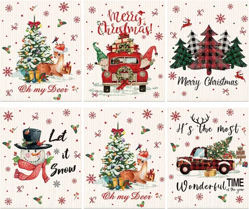 Miniatura 8 de Yinder 6 Piezas Paños de Cocina Suecos de Navidad para Mesa Paños de Platos Reutilizables de Navidad Paños de Limpieza Absorbentes de Secado Rápido