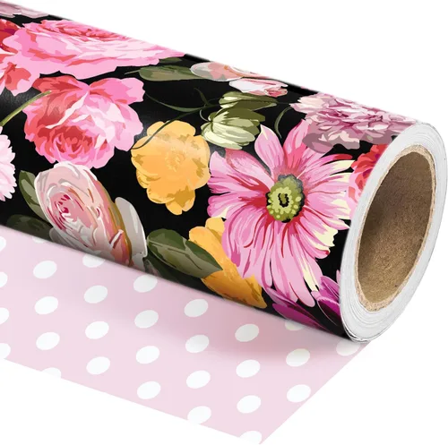 Miniatura 12 de WRAPAHOLIC Papel de regalo floral reversible, mini rollo, 17 pulgadas x 33 pies, diseño floral morado para bodas, cumpleaños, día de San Valentín