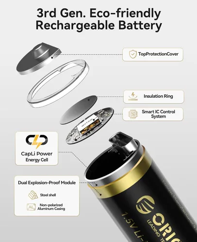 Miniatura 6 de ORICO Ener-G Batería de iones de litio recargable AA de 1.5 V 2100 mWh, carga USB-C de 2 horas, carga rápida de más de 1500 ciclos para controlador