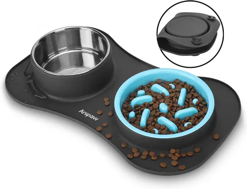 Anipaw Cuencos de alimentación lenta para perros 3 en 1 de acero inoxidable para alimentos y agua con alfombrilla de silicona antideslizante para