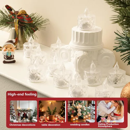 Miniatura 9 de Paquete de 12 velas de té LED sin llama, para decoración de Halloween, Navidad, hogar/boda, regalos de días festivos y luces decorativas Transparente