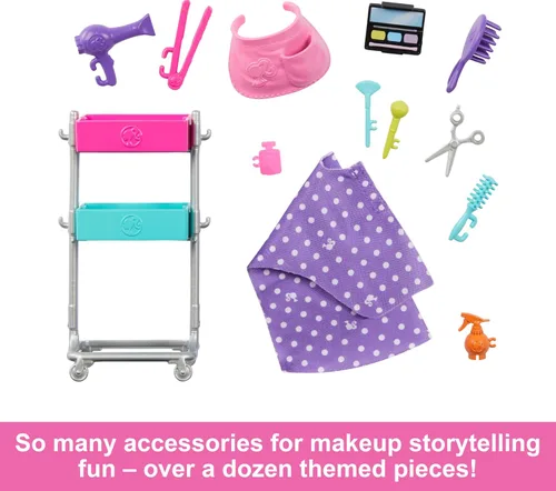 Miniatura 5 de Muñeca Barbie Estilista y 14 Accesorios, Muñeca Rubia "Malibu" de Barbie con Carro, Bata, Paleta de Maquillaje, Cachorro y Más