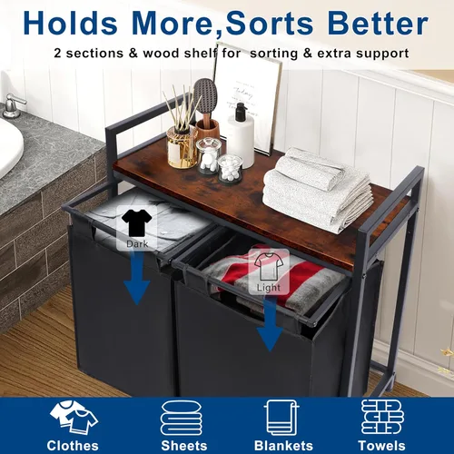 Miniatura 5 de Whitmor Organizador de ropa sucia, cesta de lavandería de 92 litros con estante y 2 bolsas extraíbles, 2 x 12.1 galones (46 litros), 28.8 x 13 x