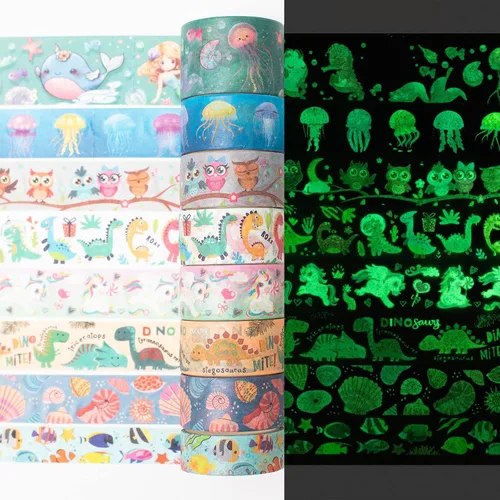 Cute Creatures - Juego de 8 rollos de cinta adhesiva decorativa luminosa que brilla en la oscuridad para artes, manualidades, diarios, Varios colores