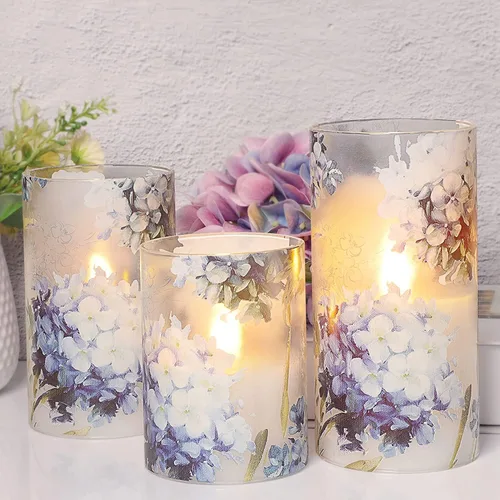 Miniatura 10 de Velas azules sin llama con control remoto de vidrio aguamarina hechas a mano, velas de chorro de arena que funcionan con pilas, velas LED