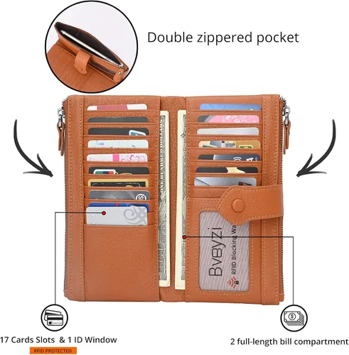 Miniatura 2 de Bveyzi Carteras delgadas de cuero suave para mujer, con bloqueo RFID, doble bolsillo con cremallera