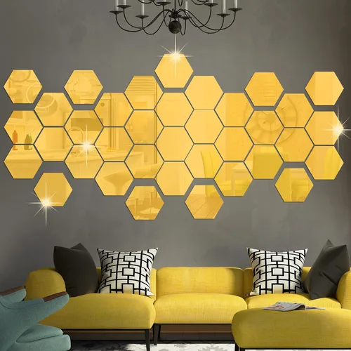 RW-103 - 36 calcomanías acrílicas para espejo hexagonal, bricolaje, removibles, geométricos 3D, decoración de pared para dormitorio, sala de estar,