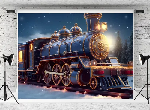 Miniatura 3 de Kate Telón de fondo de tren de Navidad para fotografía de invierno, noche nevada, fondo de tela, accesorios de estudio (7 x 5 pies)