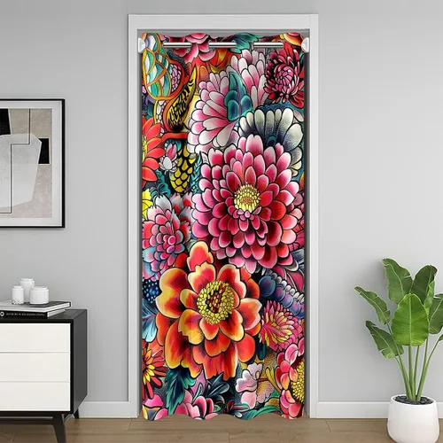Cortina opaca bohemia floral para dormitorio, cortina bohemia para puerta, 34 pulgadas de ancho x 80 pulgadas de largo, cortina de jardín de plantas