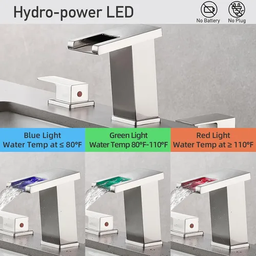 Miniatura 2 de AVSIILE Grifo de Baño LED 3 Agujeros, Grifos de Baño Cascada Dorado Cepillado, Grifo de Lavabo de Baño Moderno de 8 Pulgadas Generalizado, Grifo