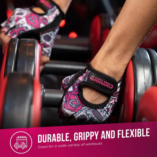 Miniatura 6 de Contraband Pink Label 5237 - Guantes de entrenamiento de diseñador para mujer, estampado de calavera de azúcar y acolchado Grip-Lock™ (rosa, XS)