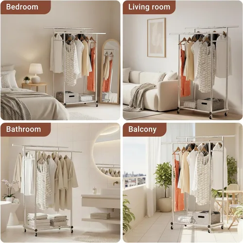 Miniatura 7 de TigerParty Perchero de doble barra para colgar ropa, perchero resistente de acero inoxidable resistente, perchero con ruedas para dormitorio