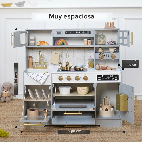 Miniatura 5 de Cocina de madera de juguete para niños – Juego de cocina de simulación con estufa realista, fregadero, cafetera, máquina de hielo, cocina de juguete