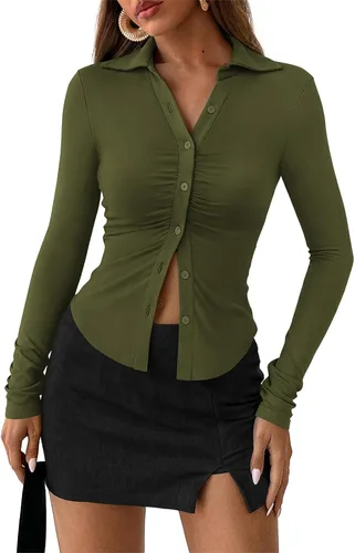 Miniatura 16 de PRETTYGARDEN - Camisas con botones para mujer, cuello en V, cuello abotonado, ajustadas, manga larga, camisa casual, moda de otoño, tops para damas