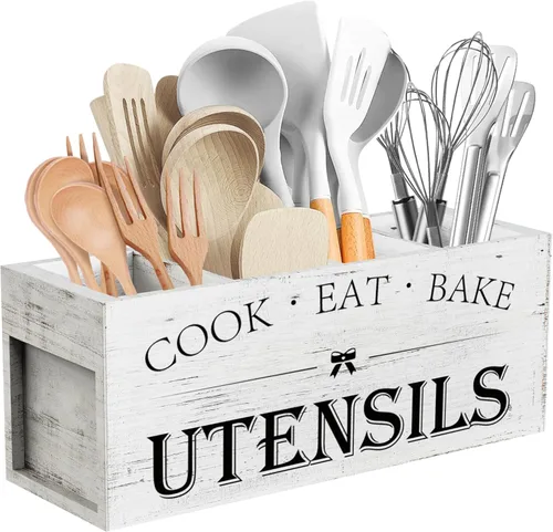 Miniatura 9 de Suli Soporte extra grande para utensilios de cocina con 4 compartimentos, organizador de utensilios de madera para encimera, decoración de cocina