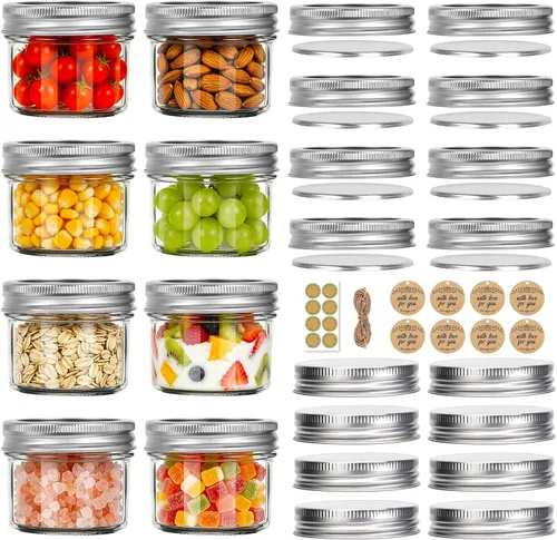 Miniatura 9 de Paquete de 30 tarros Mason de 8 onzas con tapas negras, tarros de media pinta con 40 etiquetas gratis, tarros de vidrio de boca regular