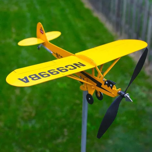 Miniatura 3 de Veleta de avión Piper J3 Cub hecha a mano para patio, avión, molino de viento de metal, escultura al aire libre, modelo de avión (grande)