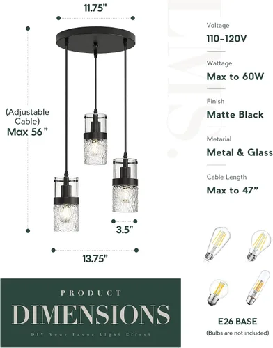 Miniatura 5 de LMS Juegos de luces, juego de 2 unidades a juego, moderno accesorio de iluminación colgante industrial o lámparas de baño de 3 luces, LMS-188