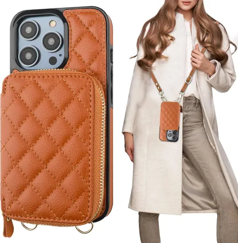 Miniatura 15 de Bocasal Funda tipo cartera cruzada para iPhone 14 Pro, bloqueo RFID, de piel sintética, con cremallera, funda tipo cartera con función atril y Gris