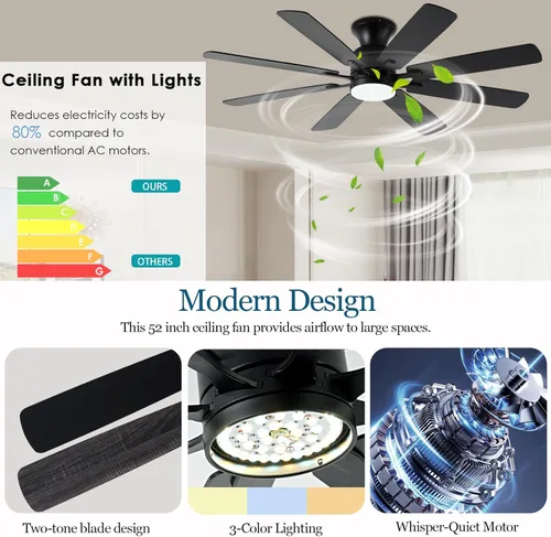 Miniatura 9 de KNUN - Ventilador de techo negro de 52 pulgadas, ventiladores de techo de perfil bajo con luces y control remoto/APP, 8 aspas, silencioso, motor CC