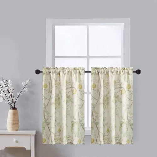 Miniatura 20 de Leeva Cortinas rústicas de cocina con estampado floral verde mezclado de lino para media ventana, para comedor, bolsillo para barra, cafetería