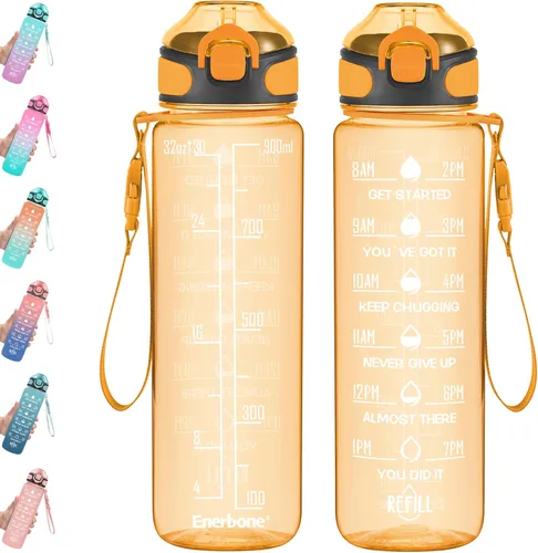 Miniatura 10 de Enerbone Botella de agua potable de 32 oz con tiempos para beber y popote, motivacional con correa para llevar, a prueba de fugas, sin BPA ni
