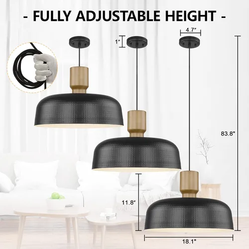 Miniatura 3 de Darkaway Lámpara colgante industrial grande de 18.1 pulgadas con pantalla de metal martillado, iluminación colgante negra sobredimensionada