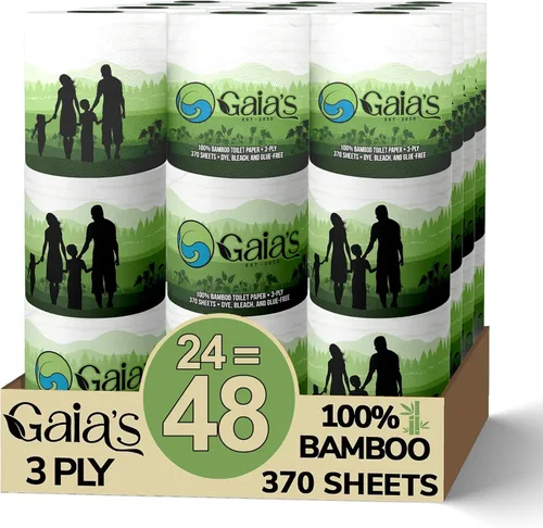 Gaias - Papel higiénico de bambú orgánico suave y de alta calidad, 24 megarrollos, 3 capas, 370 hojas, certificado FSC, sin PFAS y BPA, ecológico,
