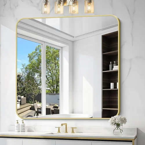 Miniatura 46 de Espejo de baño de 18 x 24 pulgadas con marco de metal negro rectangular, espejo de tocador rectangular de esquinas redondeadas, espejo de pared