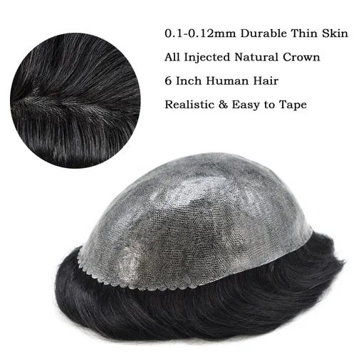 Miniatura 4 de Toupee para hombres de piel fina inyección de PU unidad de peluca para hombre, pieza de cabello humano natural real, sistema de repuesto