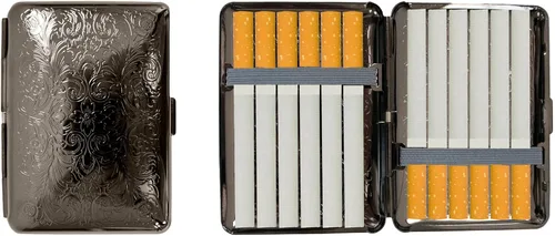 Miniatura 18 de Juego de 2 cajas de cigarrillos compactas chapadas en metal tamaño King con bandas elásticas (pergamino victoriano dorado)