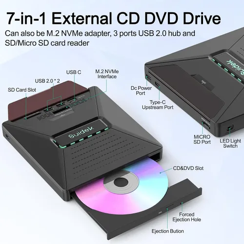 Miniatura 2 de SUIDEK Unidad Externa de CD DVD para Laptop, Grabador Lector Portátil de CD DVD +/-RW 7 en 1 con Interfaz M.2 NVMe, Ranuras para Tarjetas SD/Micro