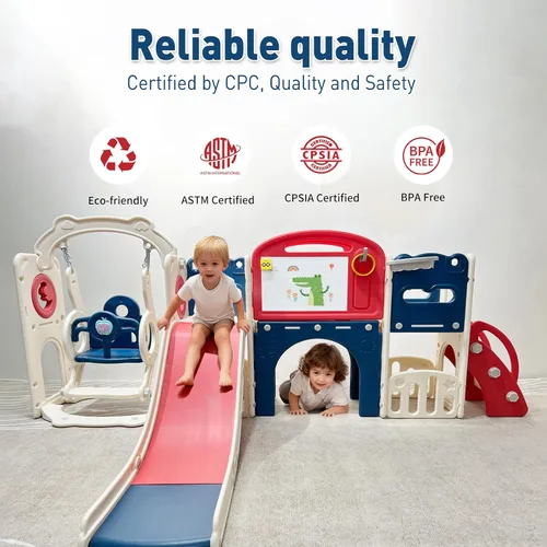 Miniatura 6 de Set de juego de 12 en 1 para niños pequeños al aire libre con tobogán, parque infantil para niños pequeños y juego de columpios, juego de escalador