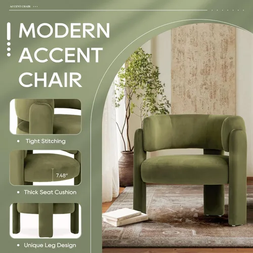 Miniatura 4 de COLAMY Silla decorativa moderna de terciopelo, silla tapizada, cómoda silla con brazo lateral con 3 patas para sala de estar, dormitorio, lectura