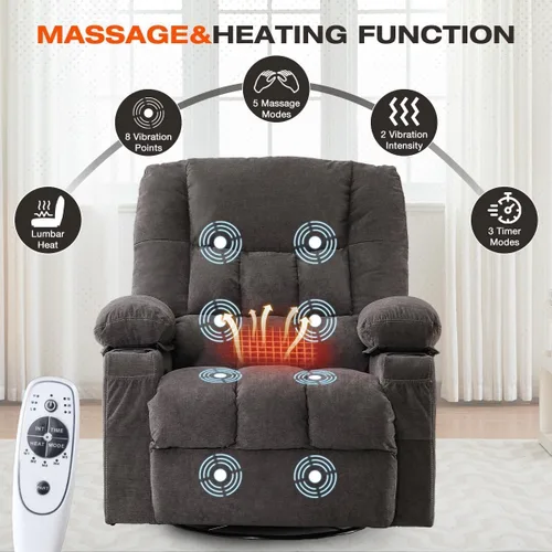 Miniatura 3 de Silla reclinable de masaje de 8 puntos con función mecedora calefactada para adultos, reclinable de gran tamaño con bolsillo lateral, 2 portavasos