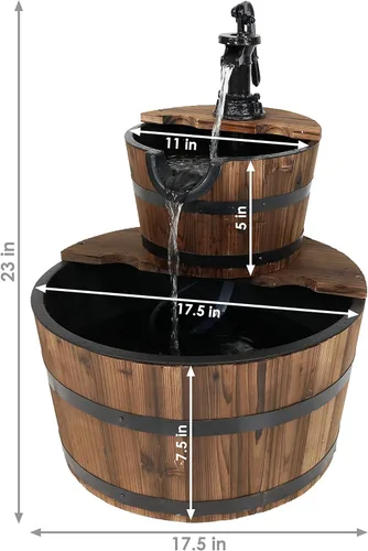 Miniatura 6 de Sunnydaze - Fuente de agua de barril de madera de 2 niveles, fuente de bomba de agua vintage de 23 pulgadas con bomba sumergible, para jardín