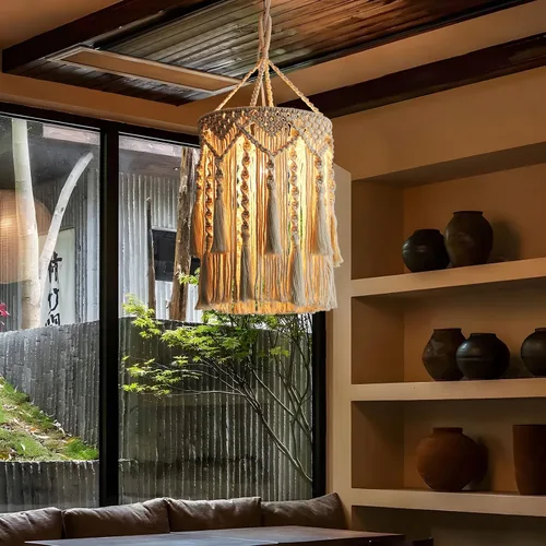 Miniatura 7 de Bioaqua Pantalla de Lámpara Boho, Lámpara Colgante Boho Hecha a Mano Pantalla de Lámpara de Macramé con Enchufe Luz Colgante, Luces Colgantes Type3