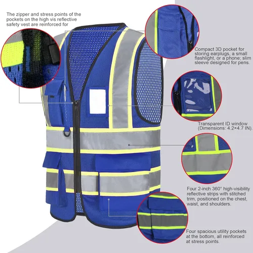 Miniatura 3 de A-SAFETY Chaleco de malla de alta visibilidad, chaleco ligero reflectante de construcción con bolsillos, chaleco de seguridad para hombres y mujeres