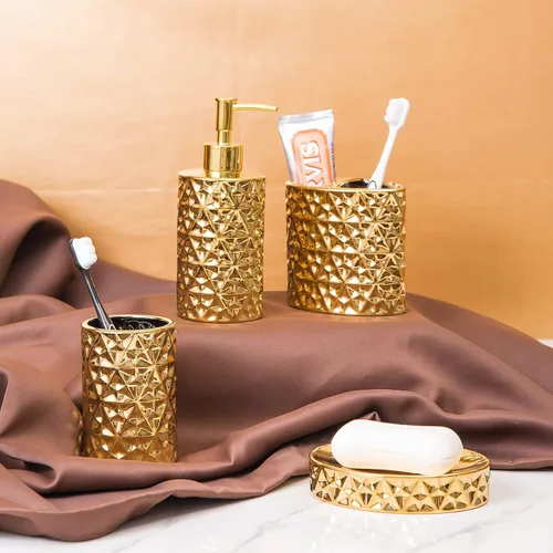 Miniatura 5 de Juego de accesorios de baño dorados de 4 piezas de cerámica para apartamentos, incluye dispensador de jabón, soporte para cepillos de dientes, taza