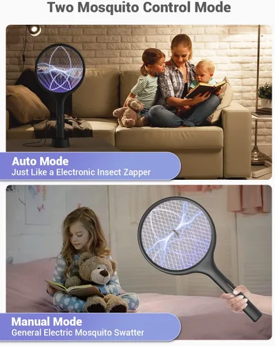 Miniatura 4 de YISSVIC Matamoscas eléctrico de 4000 V, matamoscas de insectos de doble modo, con luz de mosquitos morada, recargable para interiores, hogar