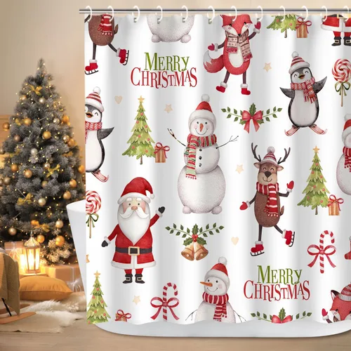 Miniatura 8 de LIVILAN Cortina de ducha de Navidad, diseño de Papá Noel y reno con 12 ganchos, cortina de baño decorativa de Navidad de tela de dibujos animados