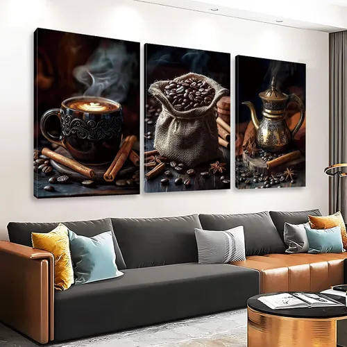 Miniatura 2 de Gueeclk Arte de pared en lienzo de barra de café, impresiones en lienzo de granos de café en tela de saco, juego de 3 arte de pared marrón, imagen