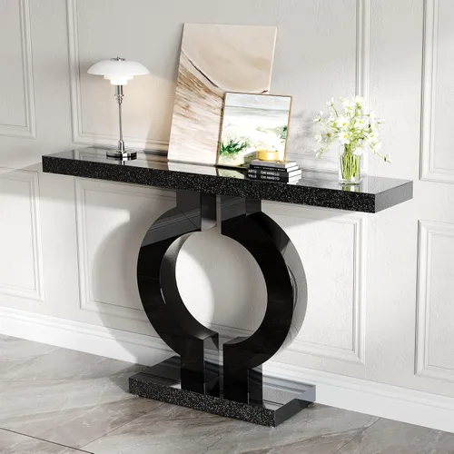 Miniatura 4 de LITTLE TREE Mesa consola de vidrio espejo de 43 pulgadas con base en forma de O, mesa de entrada de vidrio para sala de estar, moderna mesa de sofá