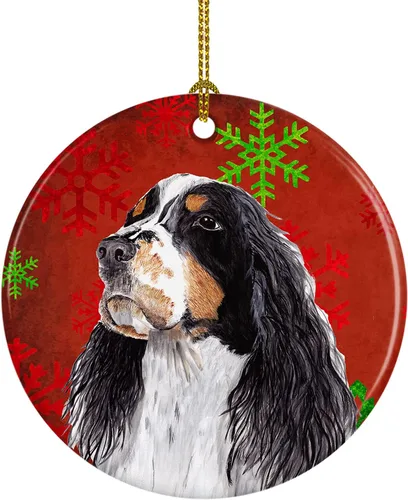 Miniatura 45 de Caroline's Treasures Bulldog English - Copos de nieve rojos y verdes, adorno de cerámica de Navidad, decoración colgante para el hogar, Navidad