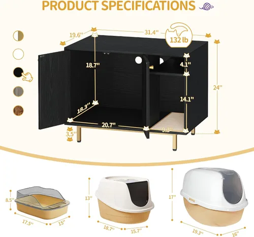 Miniatura 3 de Hzuaneri Caja de arena para gatos, mueble oculto con almacenamiento, armario grande de madera con alfombrilla de sisal, baño moderno para gatos