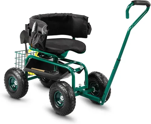 Miniatura 9 de Outvita - Asiento de jardín con ruedas, taburete de jardinería con asiento giratorio ajustable en altura de 360 grados, respaldo ergonómico, bandeja