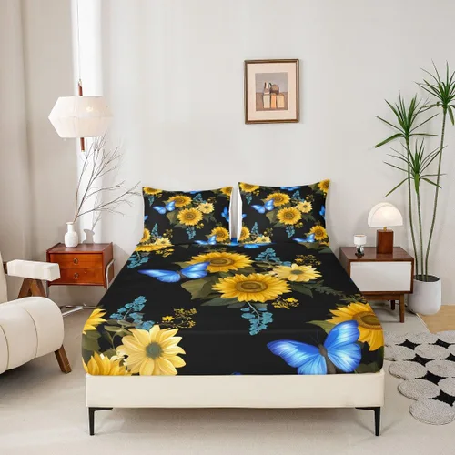 Miniatura 3 de Erosebridal Sábanas de girasol tamaño individual, sábana bajera ajustable de mariposa azul para niñas y mujeres, juego de ropa de cama floral