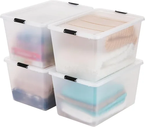 Miniatura 12 de IRIS USA - Contenedores de almacenamiento de plástico apilables de 32 cuartos de galón con tapas y hebillas de cierre, paquete de 4 unidades, Perla